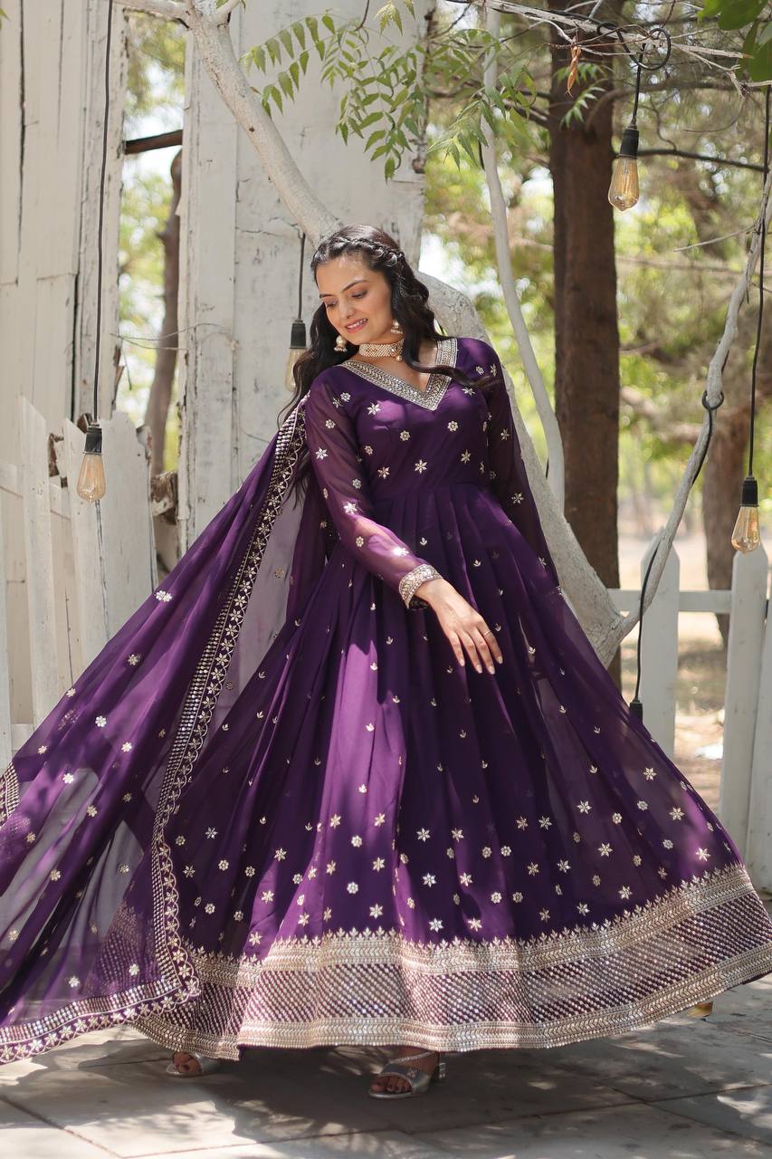 Yash Enterprise Purple Heavy Fux Blooming Embroidery Party Wear Suit | Grocsy