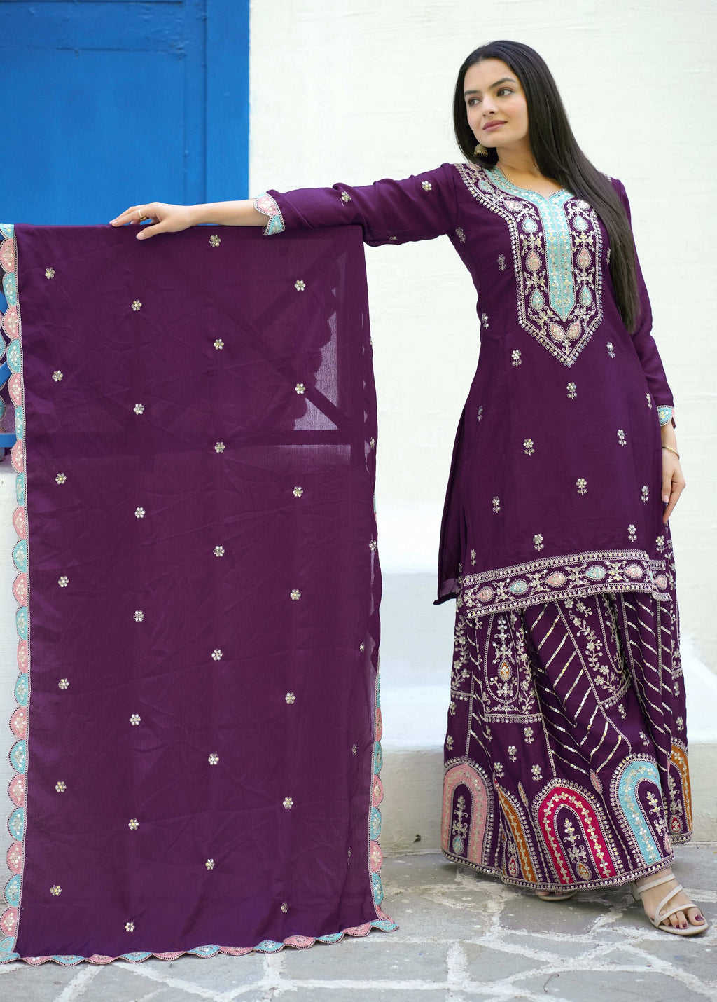 Yash Enterprise Embroidered Chinon With Sequin Maroon Readymade Salwar Suit | Grocsy