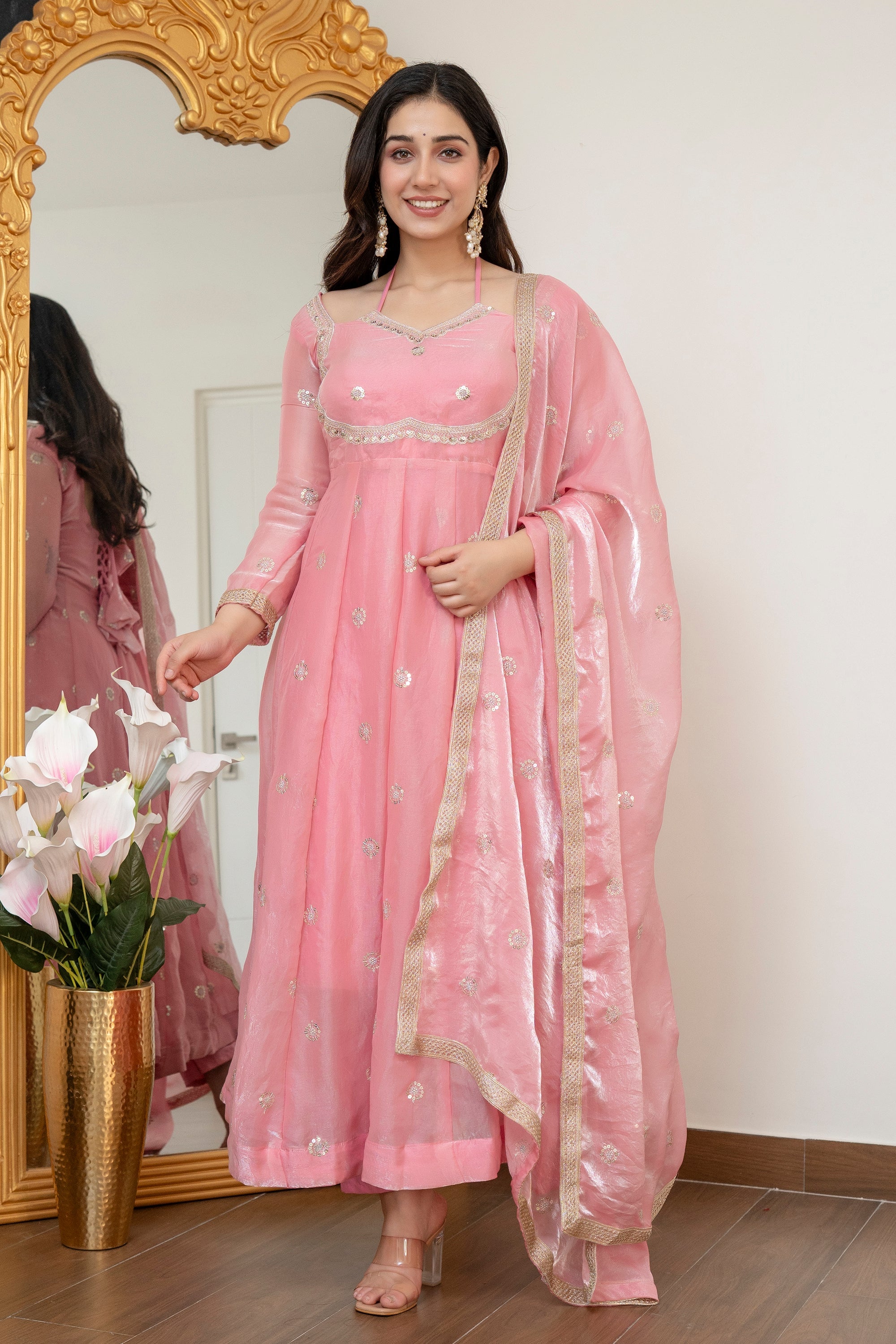 Yash Enterprise Peach Fandy Silk Party Wear Embroidery Suit Set | Grocsy