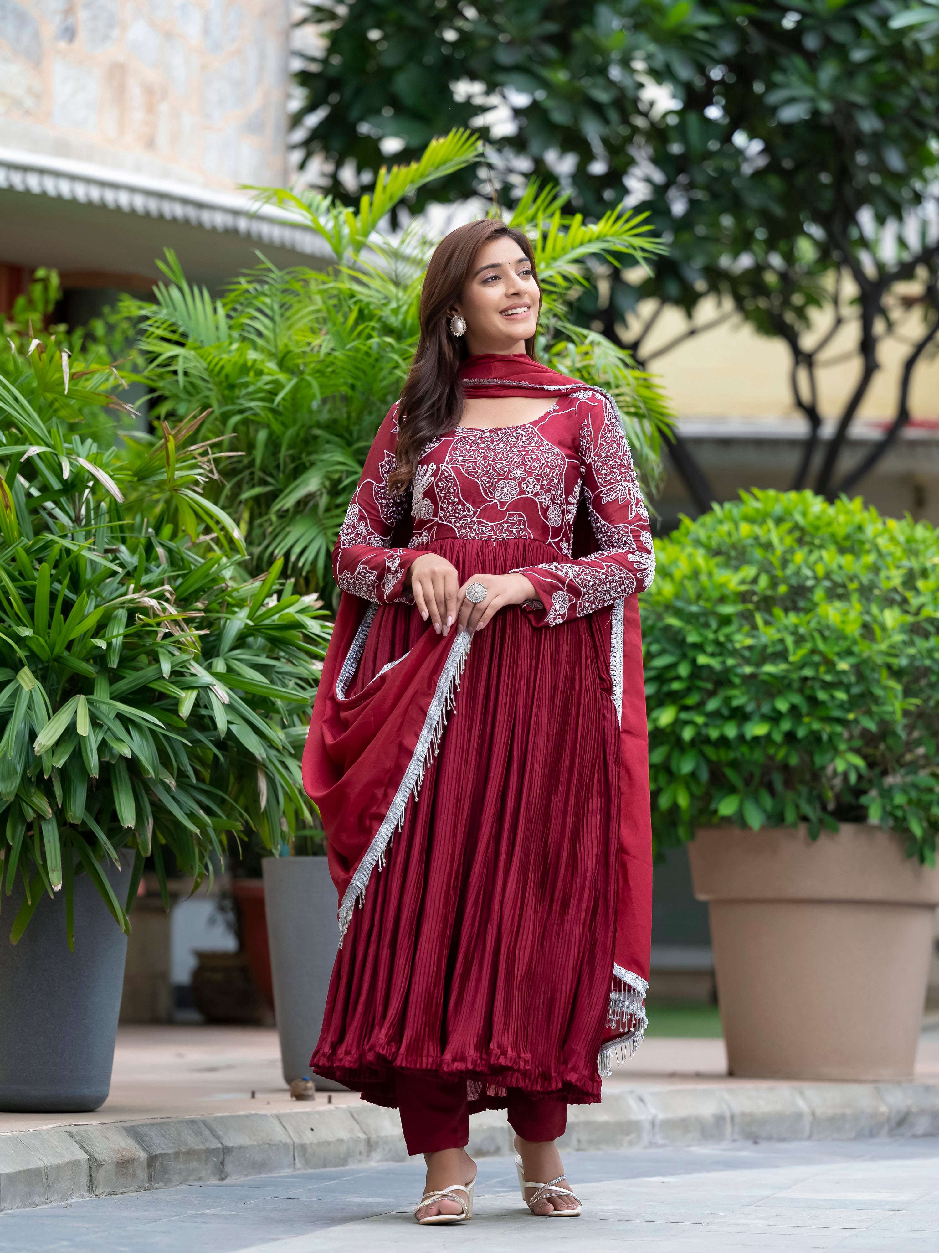 Yash Enterprise Maroon Chinon Silk Party Wear Embroidery Suit Set | Grocsy