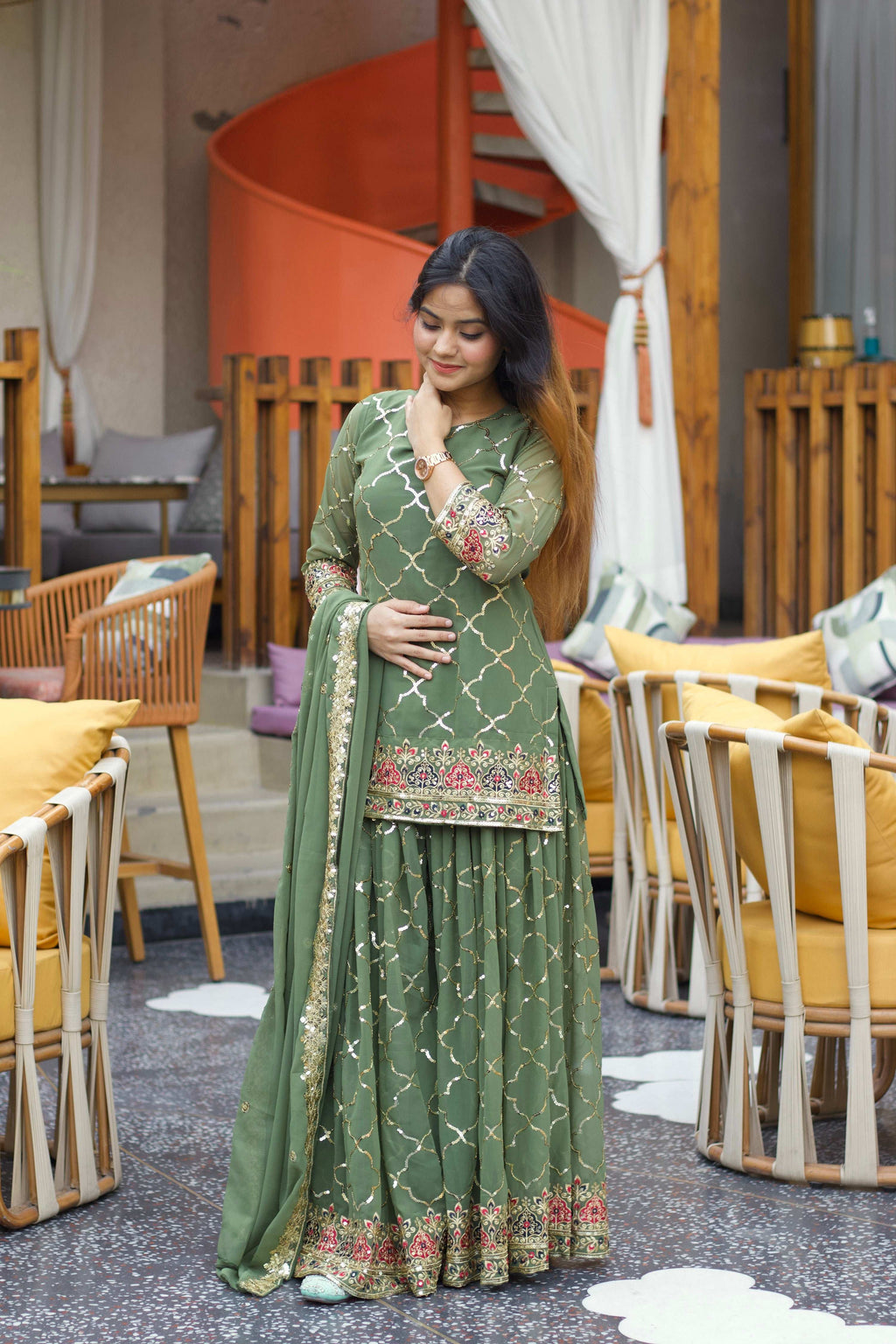 Yash Enterprise Green Georgette Embroidery Party Wear Suit Set | Grocsy