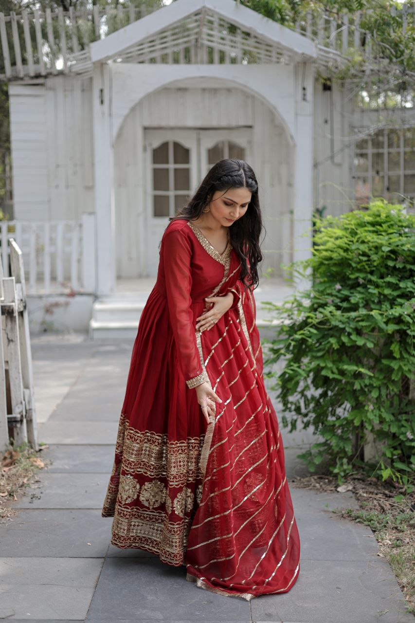 Yash Enterprise Maroon Sequin Embroidered Faux Blooming Gown With Dupatta | Grocsy