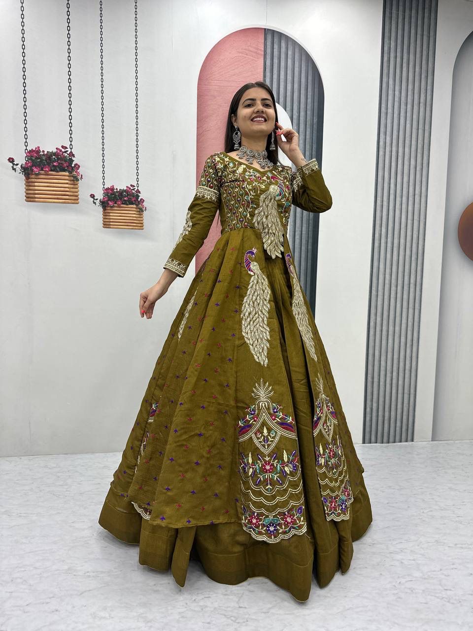 Yash Enterprise Mahendi Green Vichitra Silk Party Wear Embroidery Crop Top With Blouse Lehenga Choli | Grocsy