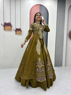 Yash Enterprise Mahendi Green Vichitra Silk Party Wear Embroidery Crop Top With Blouse Lehenga Choli | Grocsy