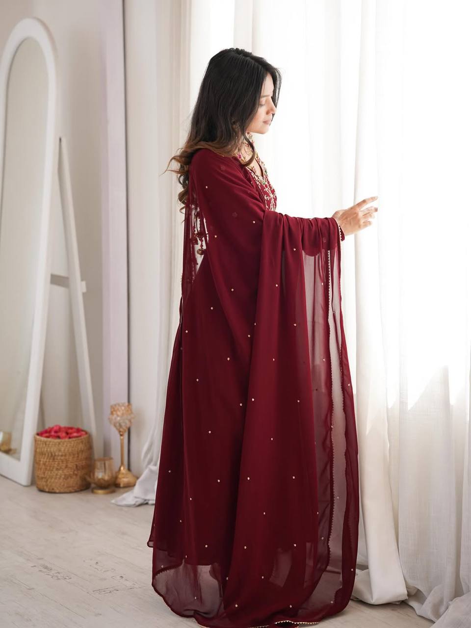 Yash Enterprise Maroon Faux Georgette Party Wear Embroidery Suit Set | Grocsy