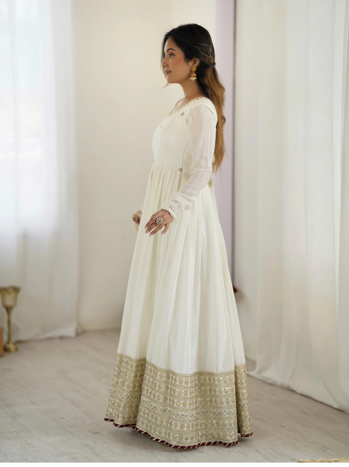 Yash Enterprise Off White Chinon Silk Party Wear Embroidery Suit Set | Grocsy