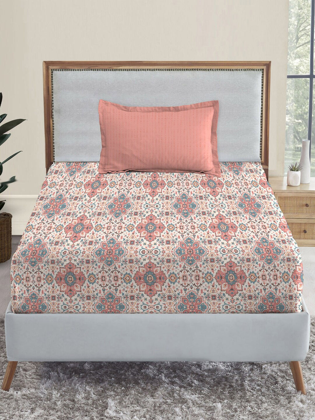 MYTRIDENT Dusk and Dawn Pink Ethnic Motifs Cotton 144 TC Single Bedsheet with 1 Pillow Cover | Grocsy