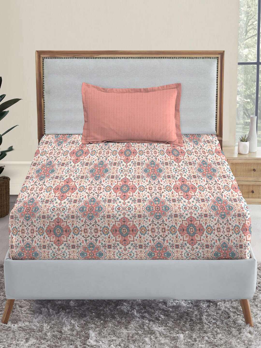 MYTRIDENT Dusk and Dawn Pink Ethnic Motifs Cotton 144 TC Single Bedsheet with 1 Pillow Cover | Grocsy