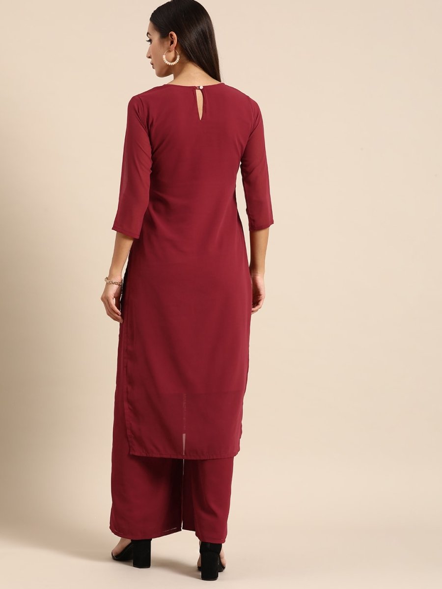 All About You Women Maroon Ethnic Motifs Embroidered Chikankari Kurta with Palazzos | Grocsy