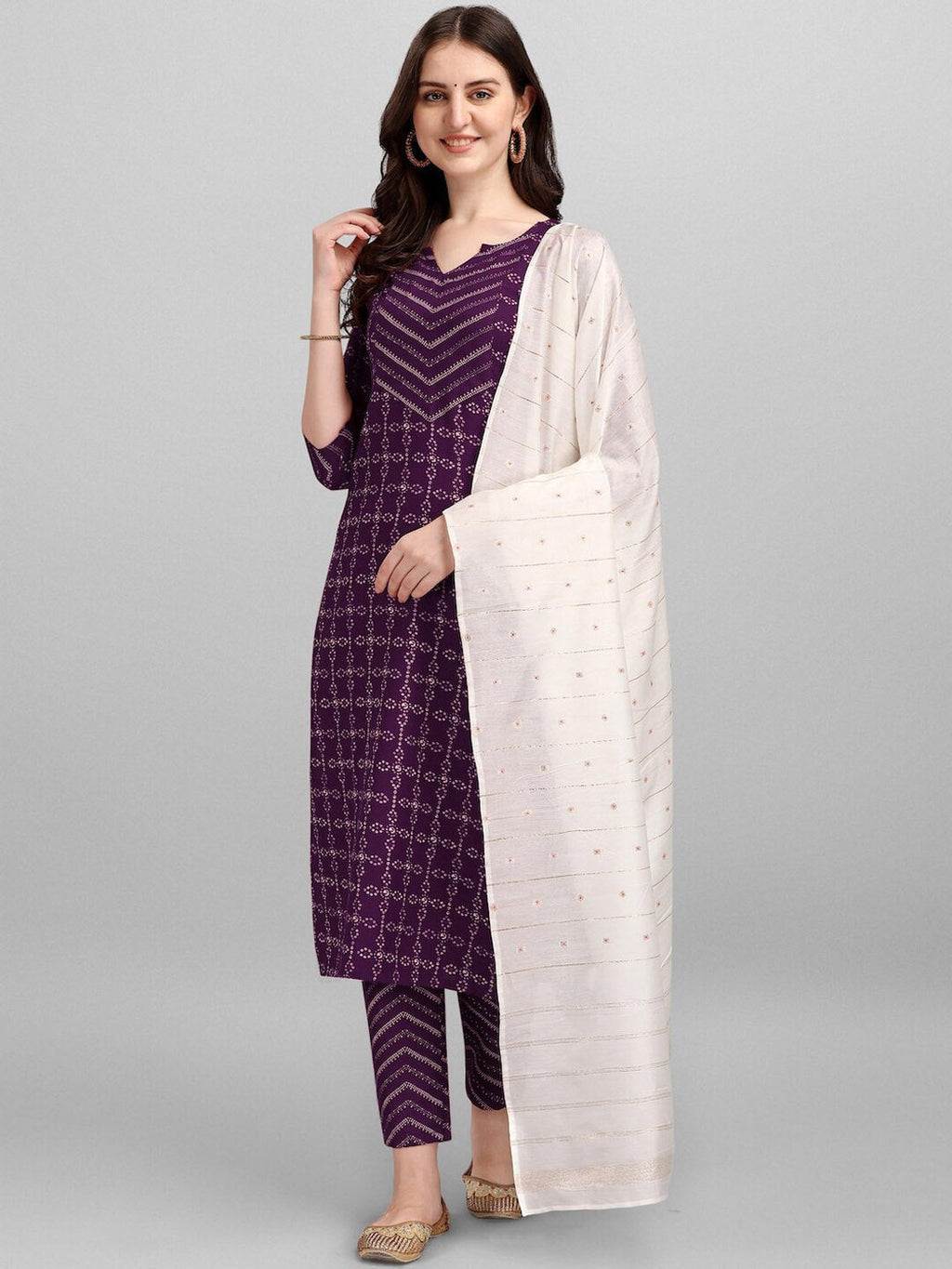 HERE&NOW Purple Ethnic Motifs Printed Pure Cotton Kurta with Trousers & With Dupatta | Grocsy