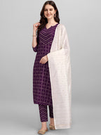 HERE&NOW Purple Ethnic Motifs Printed Pure Cotton Kurta with Trousers & With Dupatta | Grocsy