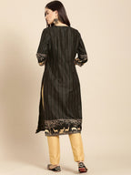 All About You Women Black & Gold Striped Regular Kurta with Trousers | Grocsy