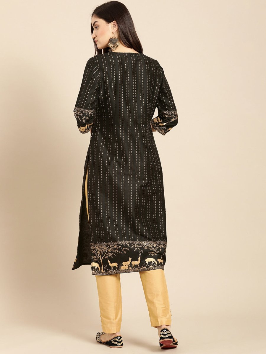 All About You Women Black & Gold Striped Regular Kurta with Trousers | Grocsy