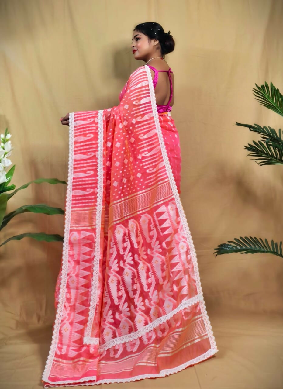Exclusive Collection Beautiful Peach Jaal Jamdani Saree | Grocsy