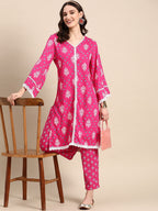 Sangria Pink Ethnic Motifs Printed Pure Cotton Kurta With Trouser | Grocsy