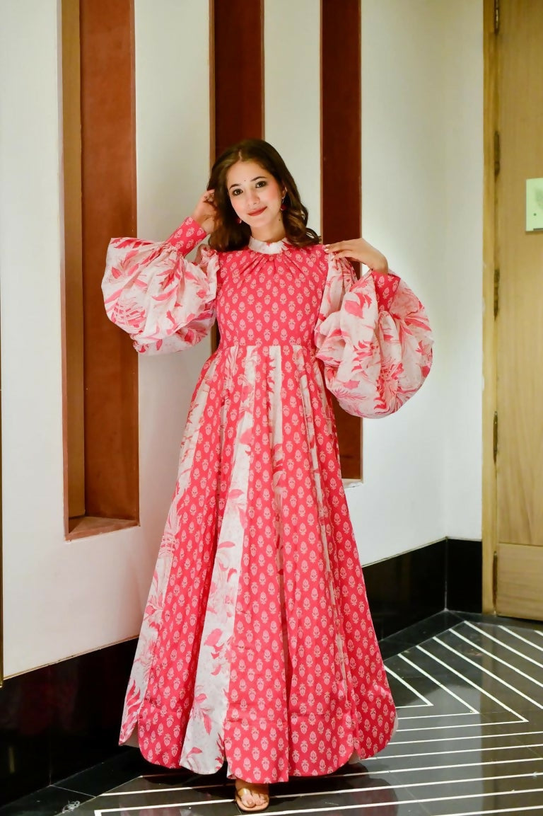 Jyoti Fashion Women's Pink Heavy Digital Printed Cotton Silk Anarkali Dress | Grocsy