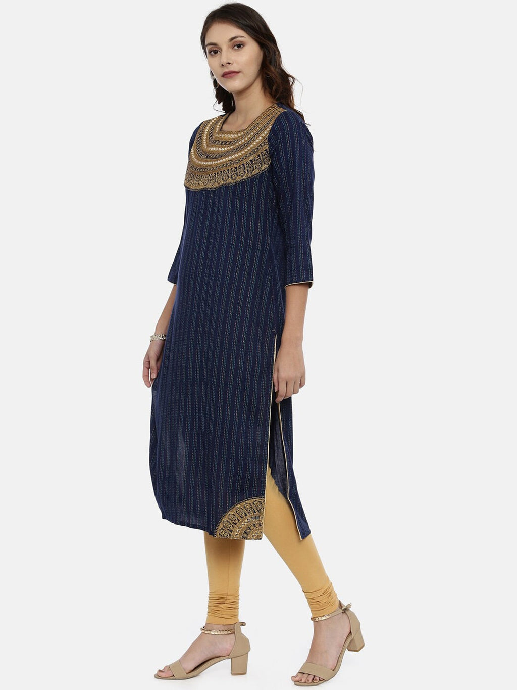 Souchii Navy Blue & Gold-Toned Striped A-Line Kurta | Grocsy
