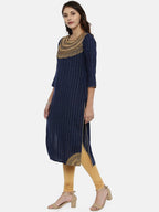 Souchii Navy Blue & Gold-Toned Striped A-Line Kurta | Grocsy