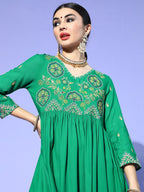 Sangria Women Green Yoke Design Empire Kurta with Trousers | Grocsy