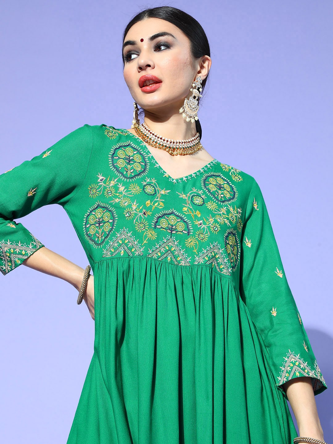 Sangria Women Green Yoke Design Empire Kurta with Trousers | Grocsy
