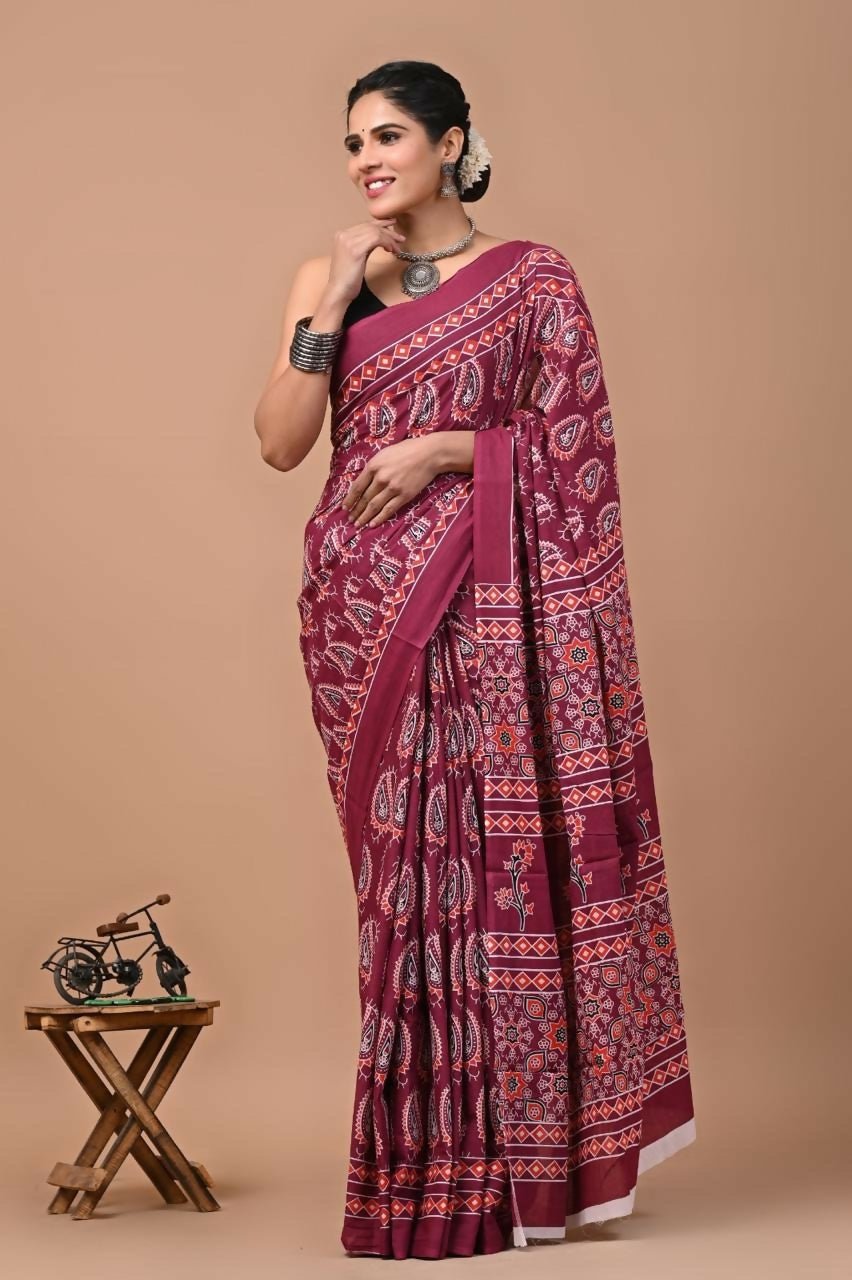 Exclusive Collection Red Multi Beautiful Mulmul Cotton Saree | Grocsy