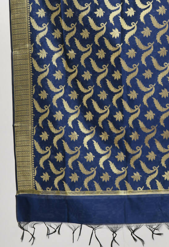 Mominos Fashion Moeza Women's Banarsi Silk Floral Woven Design Navy Blue Dupatta | Grocsy