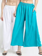 TAG 7 Women Set Of 2 White & Blue Flared Ethnic Palazzos | Grocsy