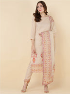 HERE&NOW Women Beige Ethnic Motifs Printed Pure Cotton Kurta with Trousers & Dupatta | Grocsy
