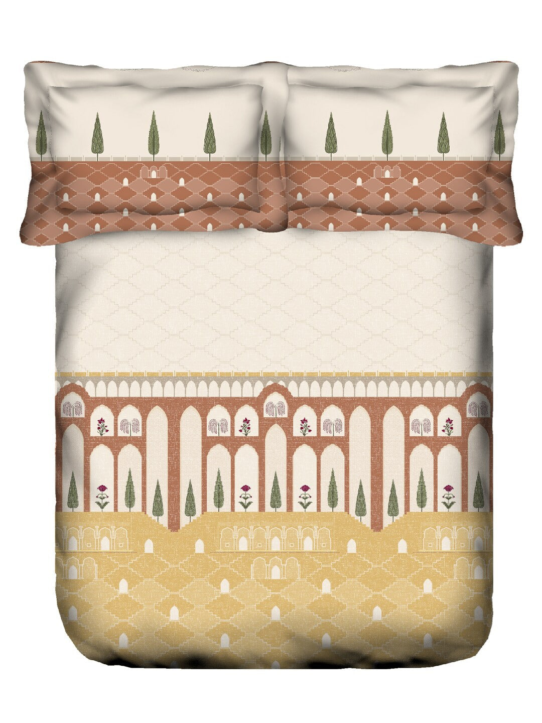 MYTRIDENT Road To Jaipur Brown Cotton 210 TC King Bedsheet & 2 Pillow Covers | Grocsy