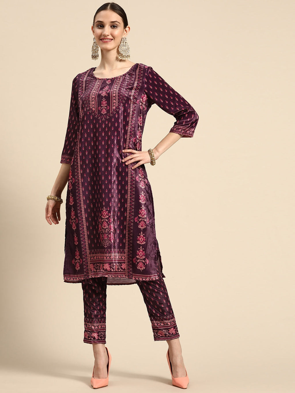 Sangria Women Burgundy & Pink Ethnic Motifs Printed Kurta with Trousers | Grocsy