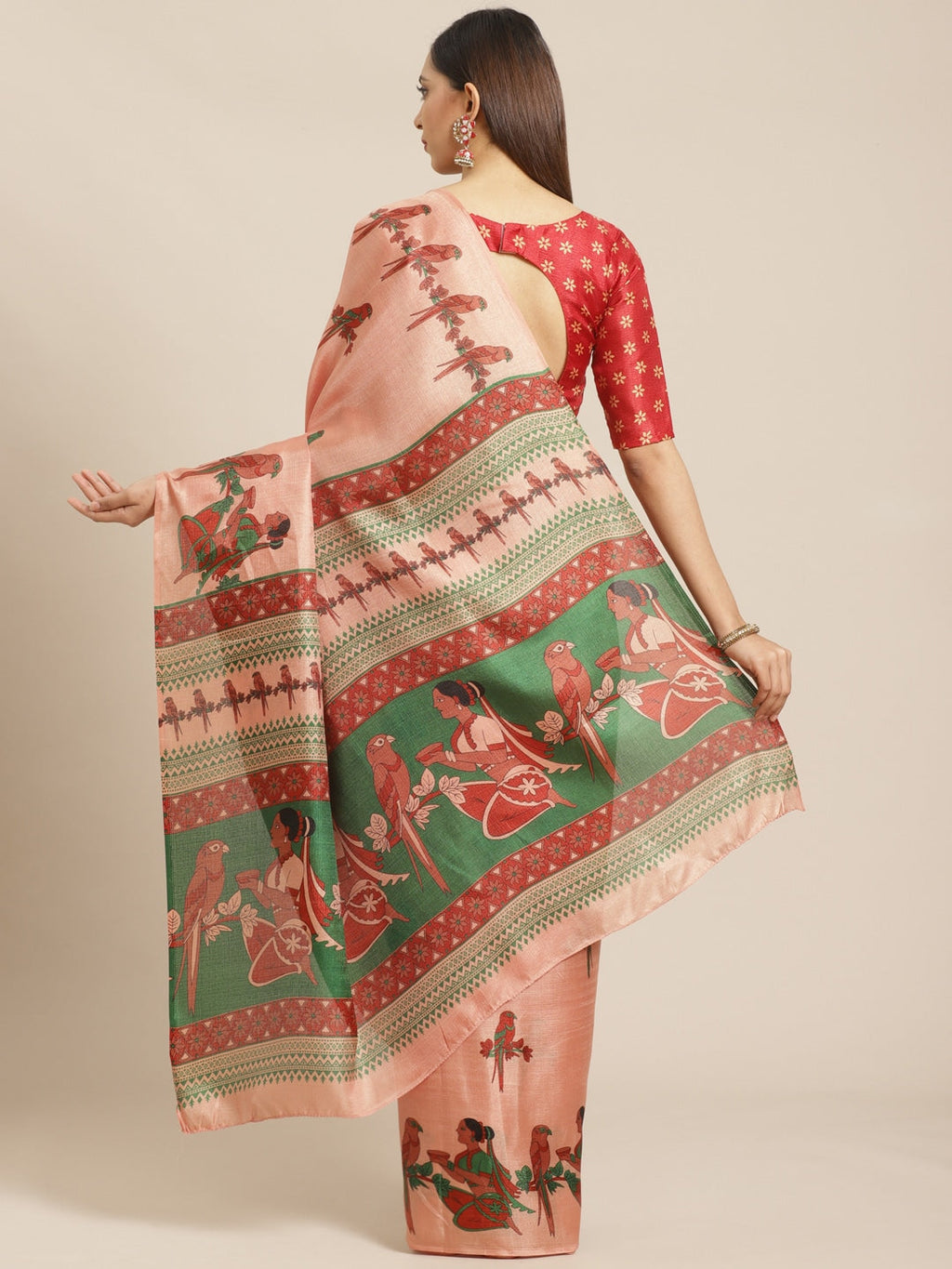 Saree Mall Peach-Coloured & Red Printed Saree | Grocsy