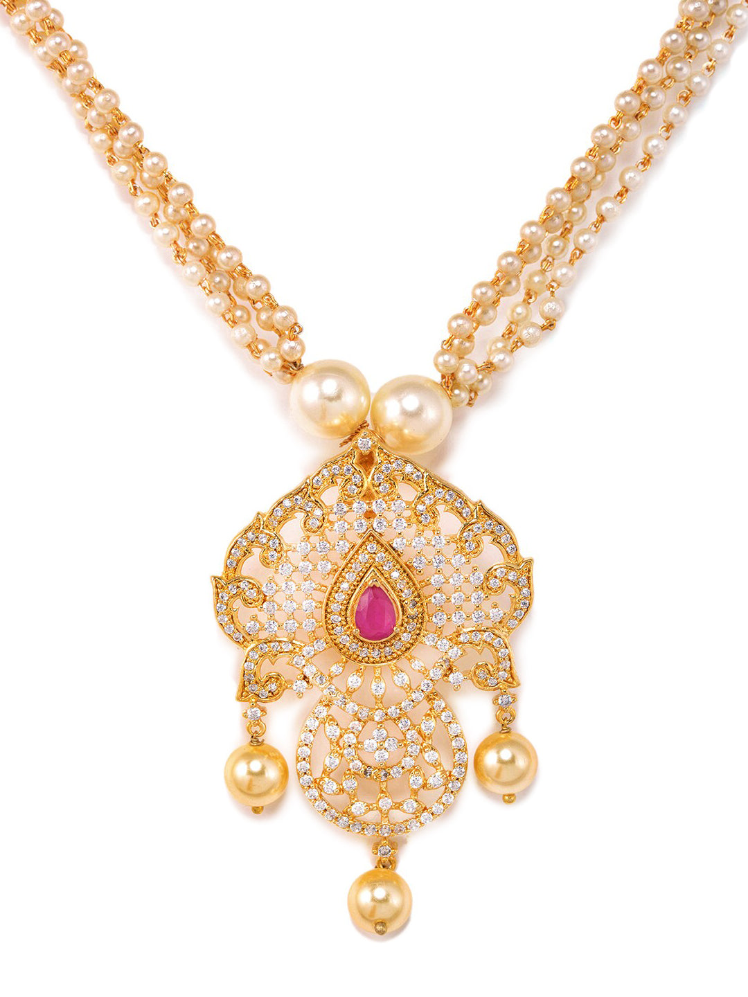 Saraf RS Jewellery Gold-Polished White & Magenta American Diamond Studded Jewellery Set | Grocsy