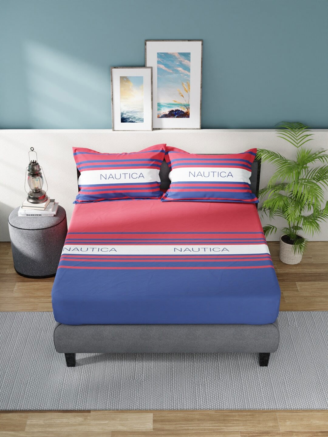 Nautica Bradford Red & Blue Striped 160 TC Pure Cotton King Bedsheet & 2 Pillow Covers | Grocsy