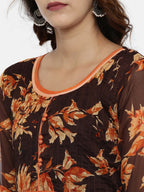 Souchii Brown & Orange Floral Printed Chiffon Maxi Dress | Grocsy