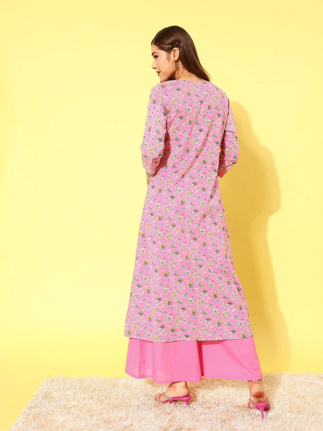 HERE&NOW Women Pink Floral Printed Regular Pure Cotton Kurta with Palazzos | Grocsy