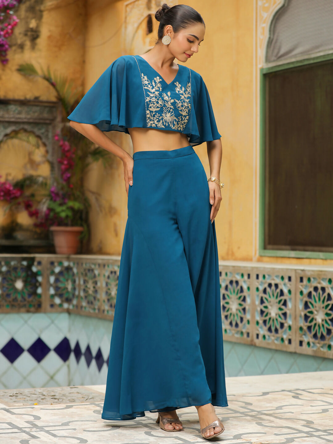 Janasya Teal Blue Georgette Yoke Embroidery Co-Ords | Grocsy