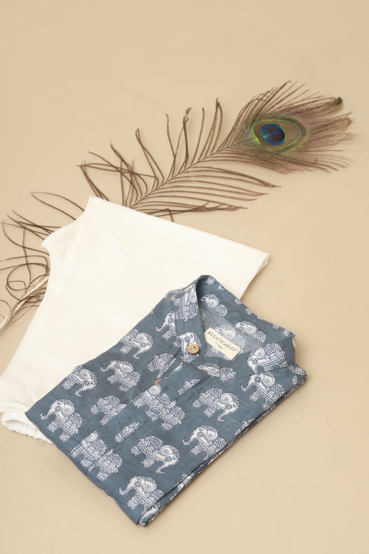 Breathables Kids Boys & Girls Cotton Night Suit – Grey Elephant Print Kurta & Pyjama Co-Ord Set | Grocsy