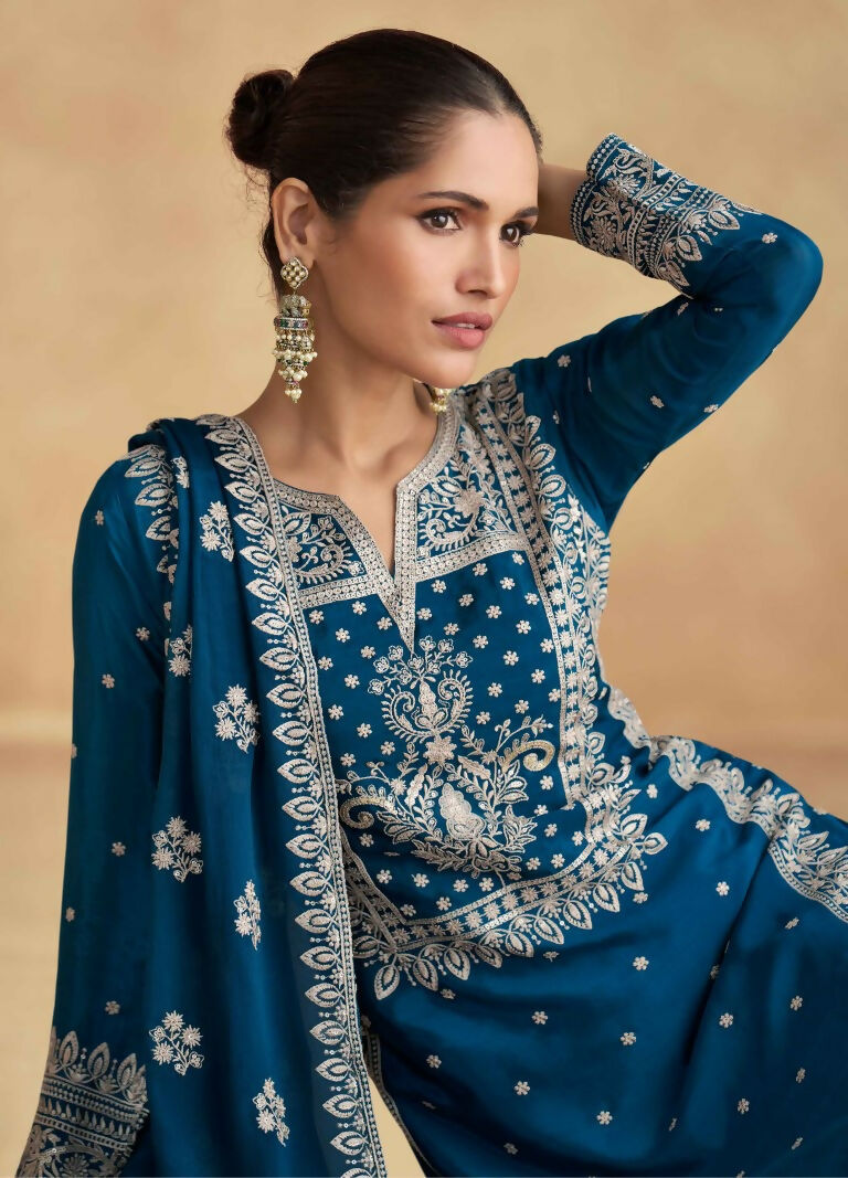 Vastranavya Teal Chinon Silk Embroidered Sequins Pakistani Straight Plaazo Suit | Grocsy