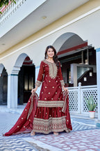 Teeya Creation Maroon Color Chinon Silk Heavy Embroidery Work Wedding Wear Sharara | Grocsy