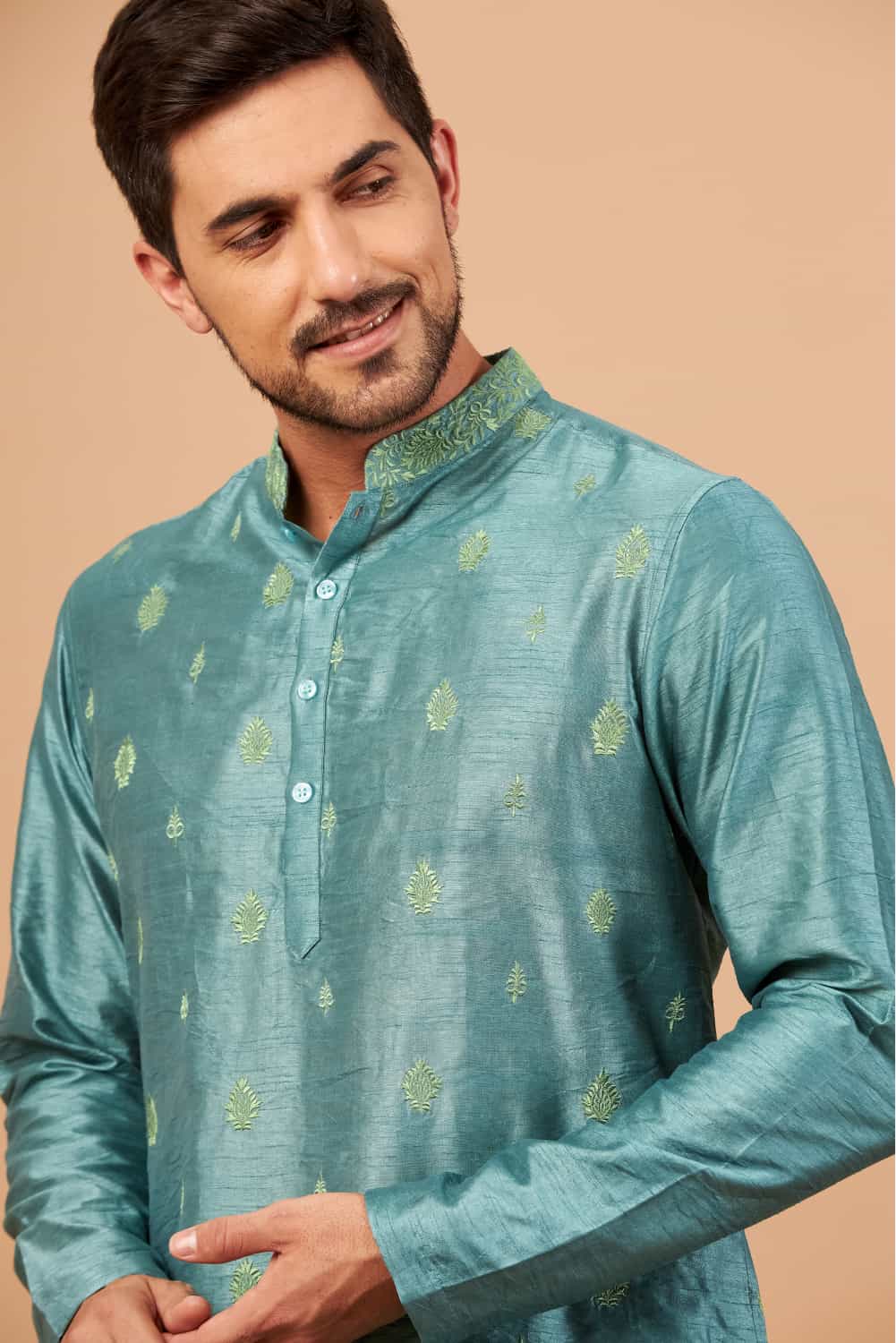 Greafy Two Motif Embroidered Green Kurta by Hilo Design | Grocsy