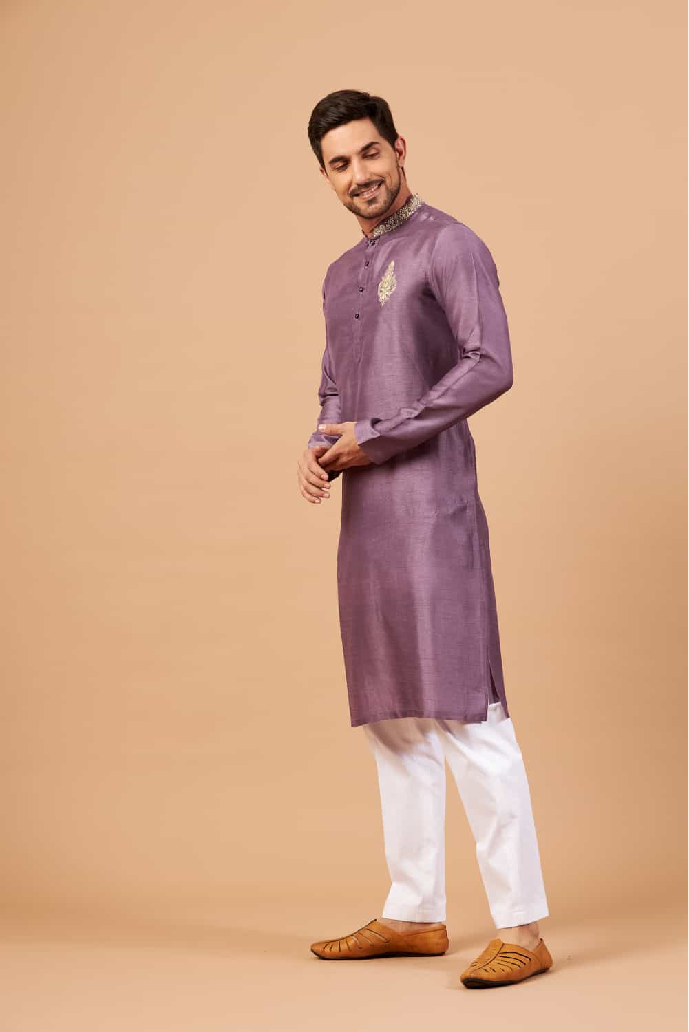 Inara Gold Embroidered Violet Kurta by Hilo Design | Grocsy