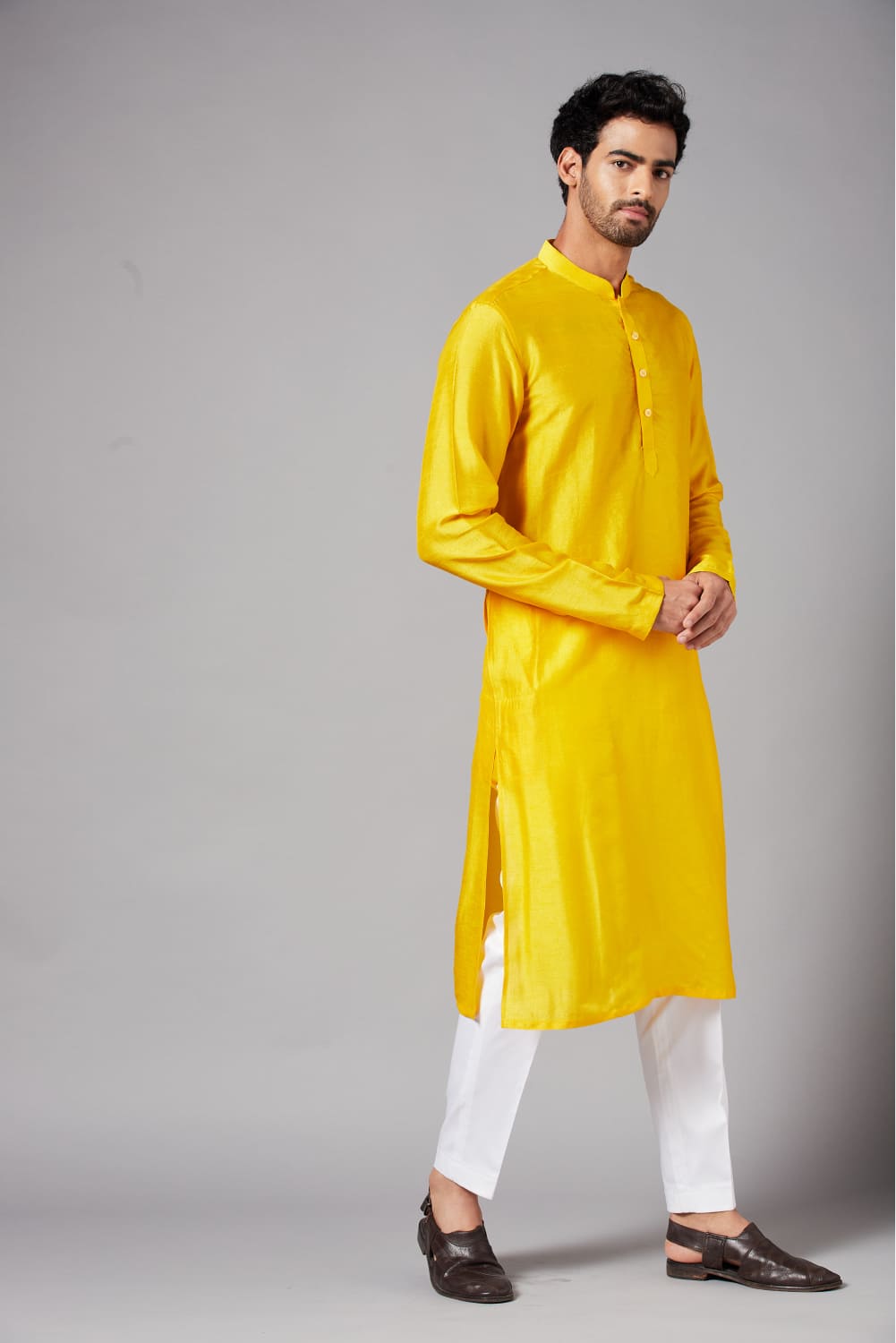 Yellow Plain Designer Men's Kurta by Hilo Design | Grocsy