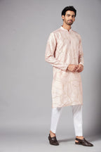 Ilaria Gold Zari Abstract Embroidered Peach Kurta by Hilo Design | Grocsy