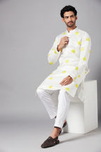 Mogra Yellow Leaf Embroidered Kurta by Hilo Design | Grocsy
