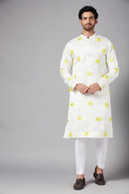Mogra Yellow Leaf Embroidered Kurta by Hilo Design | Grocsy