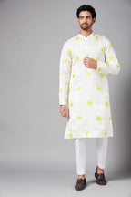 Mogra Yellow Leaf Embroidered Kurta by Hilo Design | Grocsy
