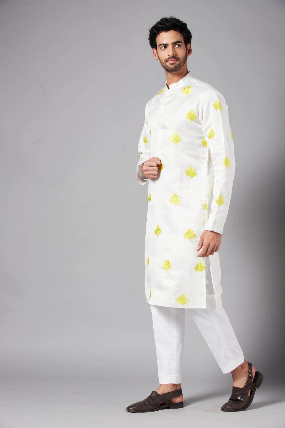 Mogra Yellow Leaf Embroidered Kurta by Hilo Design | Grocsy