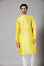 Saanjh Yellow Embroidered Kurta by Hilo Design | Grocsy