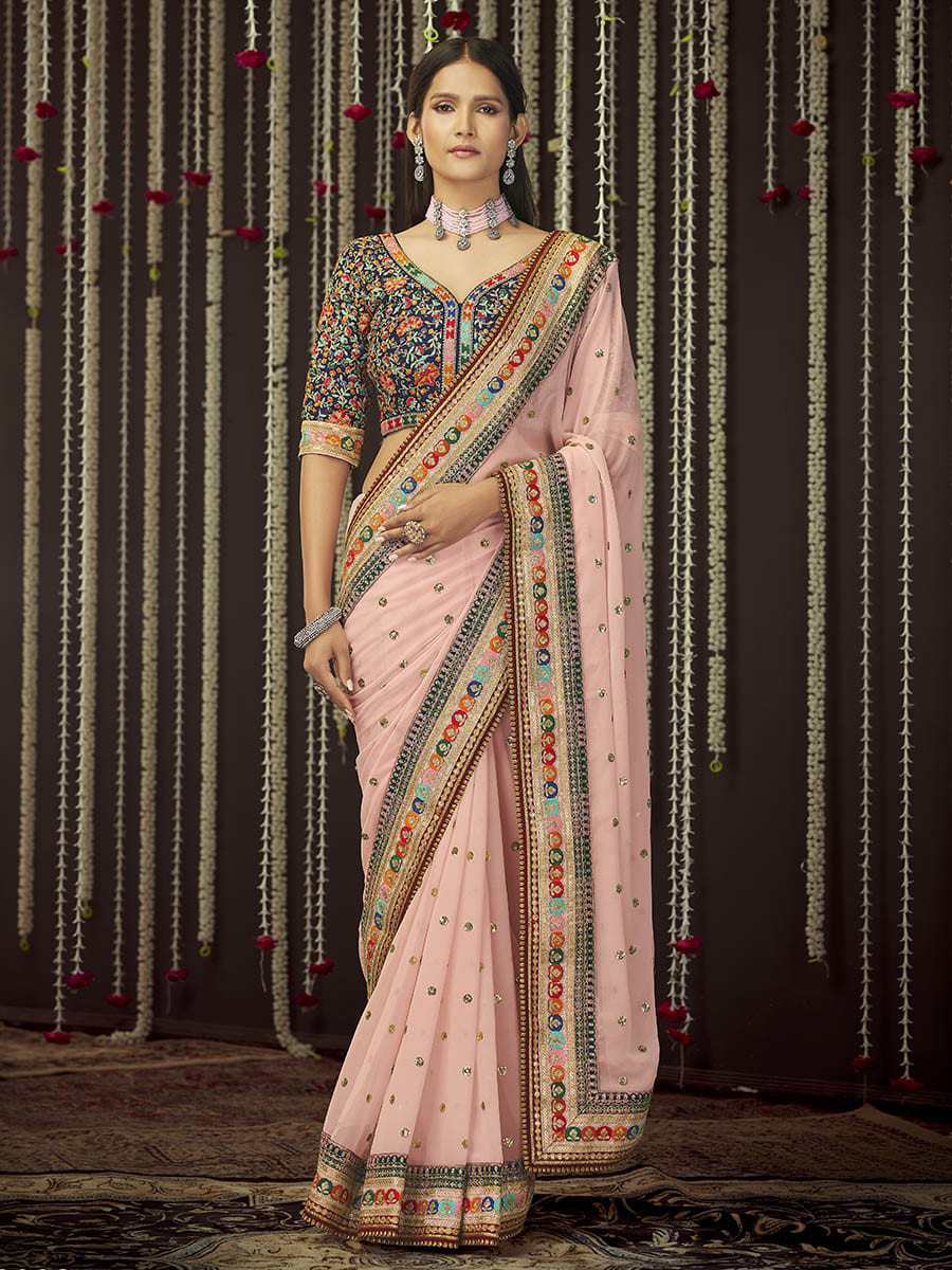 Myra Baby Pink Art Silk Heavy Embroidered Designer Saree | Grocsy