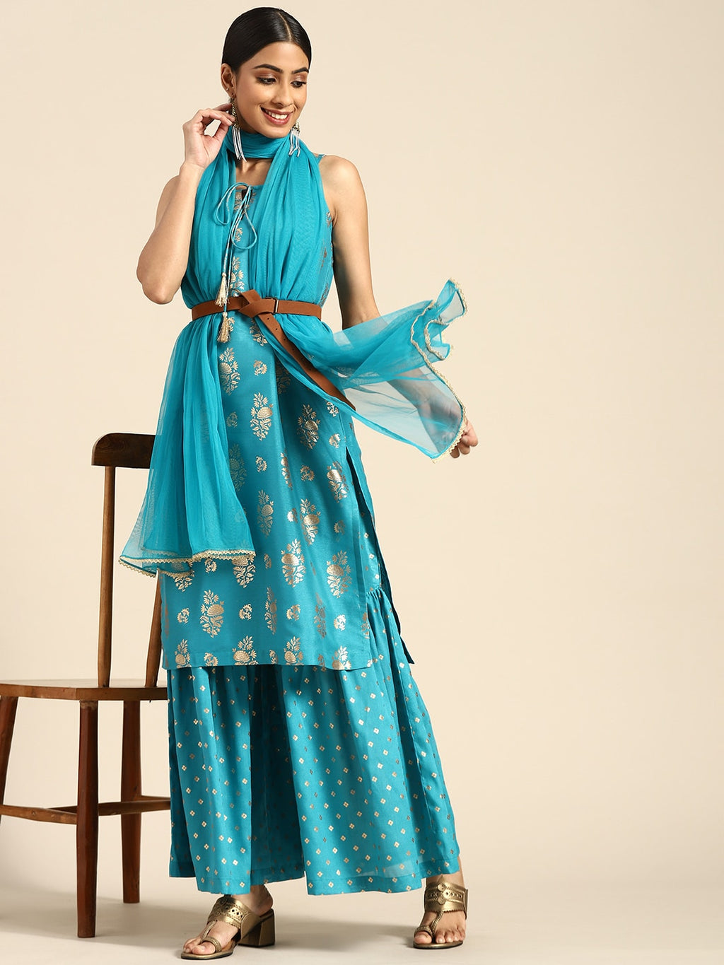 Sangria Women Blue & Golden Ethnic Motifs Printed Kurta with Sharara & Dupatta | Grocsy